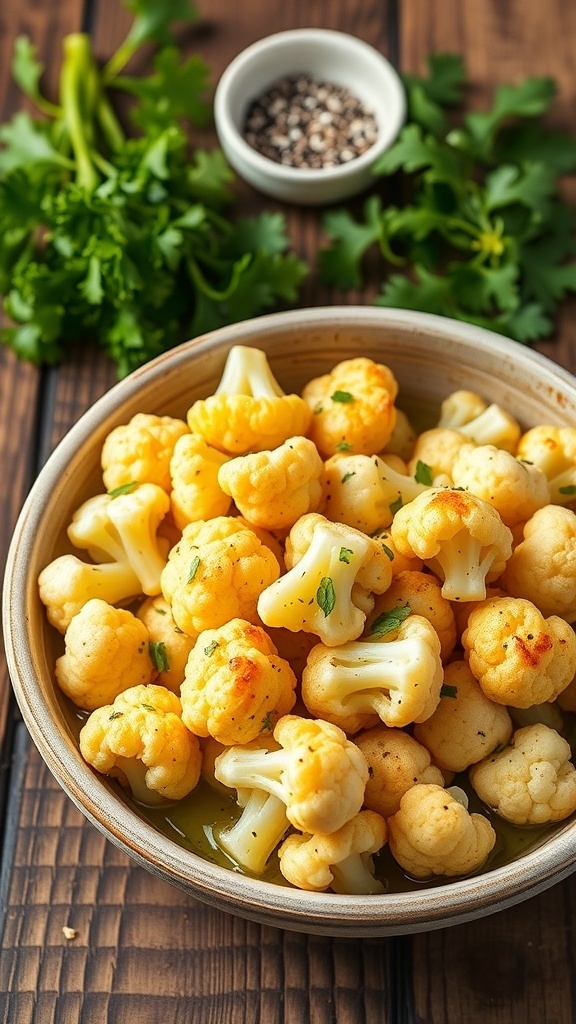 Tender cauliflower florets in a bowl, garnished with herbs, on a wooden table.